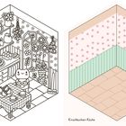 Links: "Mhh, Kirschkuchen! Frosch freut sich darauf, ihn mit seinen Freunden zu teilen." Rechts: "Kirschkuchen-Küche".
