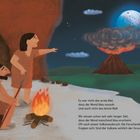 Text: "Es war nicht das erste Mal, dass der Mond blau aussah... Vulkane wirklich der Grund?" Illustration von zwei Personen in einer Höhle, ein Feuer, ein Vulkan, blauer Mond.