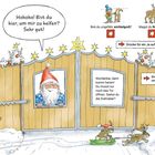 Ortsschild: "Weihnachtsdorf, Kreis Wichtelheim". Weihnachtsmann fragt, ob du helfen möchtest. Schneelandschaft mit Tor.