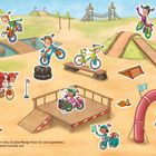 Text: „In der Arena von San Velo ist jede Menge Platz für die Superbikes.“  
Eine bunte Illustration mit Kindern auf Fahrrädern.