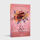 Buchtitel: "Cowboys & Confessions". Autor: Marina Maass. Hintergrund: Cowboyhut umgeben von bunten Blüten.
