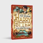 "J.K. Rowling, Harry Potter und der Stein der Weisen." Ein kunstvoller Buchumschlag mit Illustrationen von Figuren und Hogwarts.