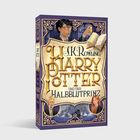 Ein Buchcover mit: "J.K. Rowling, Harry Potter und der Halbblutprinz". Illustration mit einem Jungen, einem Buch, zwei Porträts.
