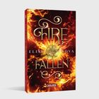 "Fire Fallen, Elise Kova, Carlsen." Ein feuriges Design mit Flammen und einem goldenen Medaillon in der Mitte.