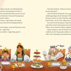 Text über zwei Seiten verteilt. Links sitzt Familie am Tisch: Papa mit rotem Gewand, kleines Mädchen, Mama, Opa mit Zeitung, Oma, Bodygard.