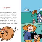 Text: "karu kommt". Mira träumt zu fliegen, wie der schwere Hund, den der Nachbar mühsam spazieren führt.  
Illustration: Ein runder Hund wird von einem Seil gezogen. Eine Frau und ein Kind schauen, während ein Mann mit Hund vorbeigeht. Ein Kindergarten im Hintergrund.