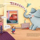 Texte: "Törööö!" "Ein Elefant?" "Der ist ja schon etwas groß!" "Der ist ganz genau richtig!" Ein fröhlicher Elefant im Raum.
