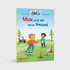 Titel: "Max und der neue Freund". Zwei lachende Kinder spielen draußen mit einem Ball. Ein Hase ist ebenfalls da.