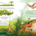 Ein Tiger im Dschungel denkt über das Fliegen nach, während ein Drache sich im Baum verfängt. Illustration mit Tieren.