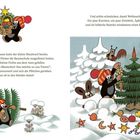 Links: Ein kleiner Maulwurf trägt einen Weihnachtsbaum.  
Rechts: Maulwurf schmückt Baum mit Karotten.