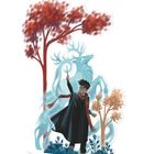 Illustration: Junge mit Zauberstab beschwört einen großen, geisterhaften Hirsch in einem Wald mit Bäumen und blauen Pflanzen.