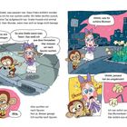 Comic mit Affe und Mädchen. Affe sucht Spuren bei einem Gully; Mädchen bemerkt geknickte Blumen am Straßenrand.