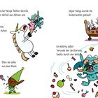 Texte beschreiben eine chaotische Szene mit Einhörnern, Elfen und Babys, die von Monstern Süßigkeiten geklaut bekommen.