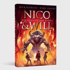 "Rick Riordan, Mark Oshiro. NICO & WILL: DAS GERICHT DER TOTEN. Ein Minotaur in Flammen, drei Figuren vorne. Carlsen Logo."