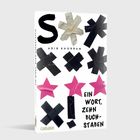 Titel: "Ein Wort, Zehn Buchstaben." Name: Adib Khorram. Hintergrund: Buchcover mit schwarzen Kreuzen und pinken Sternen.