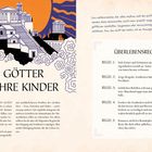 Titel: DIE GÖTTER UND IHRE KINDER. Überschrift: ÜBERLEBENSREGELN. Regel 1-5 sind Listen von Anweisungen. Links eine Illustration antiker griechischer Gebäude mit Sonnenuntergang.