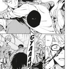 „Äh...?“, „Gyaaah!“, „Ishie...“. Manga-Charaktere in einer dramatischen Szene, eine Person blutet.