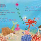 "MEERESMAGIE, Fest des Ozeans. Mara hängt Girlanden auf. Aufgeregt wackeln die Seesterne mit ihren Armen." 

Illustration eines bunten Unterwasserfestes mit Meerjungfrau, Oktopus und Fischen.