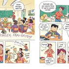 Lehrerin begrüßt Klasse 2a. Theaterprojekt: Wünsche aufschreiben, tauschen. Schüler wollen Baum oder Vorhang spielen.