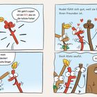 Comic mit sprechenden Stöcken. Dialog: "Mir geht's super! Ich bin ROT!" "Nudel fühlt sich gut." "Ich bin TRAURIG."