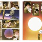 Texte in Sprechblasen: Signale, Nachricht, Sonnenaufgang, Nichts, Nachrichtenaustausch, Zivilisation. Illustration einer Szene mit technischem Gerät und einer großen weißen Sonne.