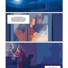 Oben: Text über eine Krimi-Idee. Unten: Frau schreibt an Maschine, eine Figur wirft einen Schatten.