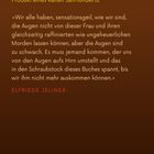 Zitat von Elfriede Jelinek über das Verständnis von Verbrechen, darunter erneut ihr Name. Hintergrund braun.