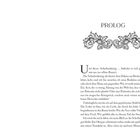 Ein Text über ein Mädchen ohne Erinnerung, einen Kuss, einen König und eine gläserne Welt, umgeben von floralen Ornamenten.