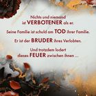 Nichts und niemand ist verbotener als er. Hintergrund: Rote und schwarze Blumen, goldene Muster. ISBN und Webadresse unten.