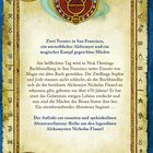 Zwei Teenies in San Francisco, ein Alchemyst, magischer Kampf. Illustration mit alchemistischen Symbolen und Bordüre.