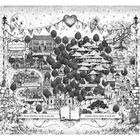 Die Texte im Bild: "Gasthaus zum alten Ziegelstein", "Merrywood Dorf", "Merrywoodwald", "Seelenbaum", "Verfluchter Wald", "Die Jagd", "Wolf Hall", "Der Phönixbaum", "Es war einmal vor langer", "Fantastischen Norden". Es zeigt eine fantasievolle, detaillierte Landschaftsillustration mit Wald und Dörfern.