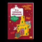 "O du fröhliche Rätselzeit", "Weihnachtsmann & Co. KG." Illustration mit Schornstein, Geschenken und fröhlichen Figuren.