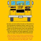 Text: "SCHULBUS", "STOP", "SCHULE". Zekie und Freunde erleben Abenteuer mit einem fiesen Mobber. Illustration eines gelben Busses.