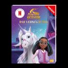 "Eine Netflix-Serie", "Unicorn Academy", "Das Vermächtnis". Ein Einhorn und ein Mädchen mit Brille lächeln gemeinsam.
