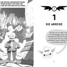 „Das Turbo-Trio hebt ab!“ Text über Berge mit bunten Vögeln vor einem Himmel in Grün- und Orangetönen.