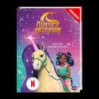 „Unicorn Academy“, „WINTER-SONNENWENDE“, „Vorläufig“, „Eine Netflix Serie“. Ein Mädchen und ein Einhorn vor Schneeflocken.