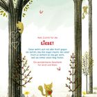 "Liebe findet dich" von Vern Kousky. Illustration: Hase jagt Vogel auf Fahrrad unter Bäumen.