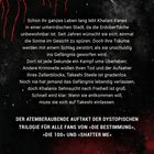 Text auf dunklem Hintergrund: Khalani lebt in einer unterirdischen Stadt. Ihr Traum, die Sonne zu sehen, wird zerstört, als sie ins Gefängnis kommt. Sie kämpft ums Überleben und sehnt sich nach Freiheit. Unten weiße Schrift: Auftakt der dystopischen Trilogie. Rote Tentakeln und ein Planet im Hintergrund.