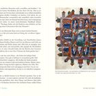 Eine Buchseite mit Text über das himmlische Jerusalem und eine bunte Illustration einer Buchmalerei um 1220.