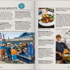 Typische Gerichte, Highlight: Stralsunder Fischsuppe, Sanddorncreme. Bild mit Fischkutter, Tellergericht, Person im Lokal.