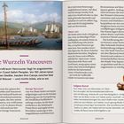"Die Wurzeln Vancouvers" ist der Titel. Text beschreibt die Geschichte und Kultur rund um die Gründung Vancouvers. Links ein Gemälde: Segelschiffe und Kanus auf einem Fluss, umgeben von Bergen und totemähnlichen Figuren. Unten rechts eine indigene Skulptur mit Erklärung zur indigenen Kunst.