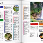 Inhalt Seite mit Reiseplanung und Reisezielen, darunter Bilder eines Wasserfalls und eines Ozelots.