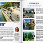 TITEL: WILLKOMMEN IN PARIS. LINKS: Spazierweg an der Seine. RECHTS: LIEBLINGSPLÄTZE, Fotos mit Fluss, Straße, Park.