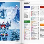 INHALT: Reiseplanung, Reiseziele, Wallis, Tessin, Zentralschweiz, Basel, Zürich, Graubünden. Links: Skilift, drei Skifahrer, Berg.