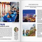 "JAPAN WILLKOMMEN IN JAPAN" und "LIEBLINGSPLÄTZE" stehen im Mittelpunkt. Links Menschen, die große Trommeln schlagen, rechts Stadtansicht und Küste.