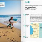 "On the Beach: Die Suche nach der perfekten Welle könnte an diesen Stränden erfolgreich sein." Strand mit Surfern links. Rechts eine Karte.