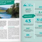 LANDFSCHAFT & LEUTE *IM ALLGÄU, NATUR IN ZAHLEN. Zahlen: 2656 M, 43, 31 000, 128 964. Bild: Wasserfall mit Bergen und Wald.