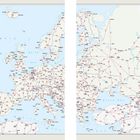 Europakarte mit Städtenamen und roten Liniennetzwerken. Seitenzahlen 12 links und 13 rechts.