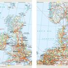 Kartenillustration von Nordeuropa, Vereinigtes Königreich bis Deutschland, mit Städten und Wegen, blauer Ozean im Hintergrund.