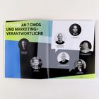 "7 FRAGEN AN 7 CMOs UND MARKETING-VERANTWORTLICHE" steht auf einer Doppelseite mit Porträtfotos und farbigen Blöcken.